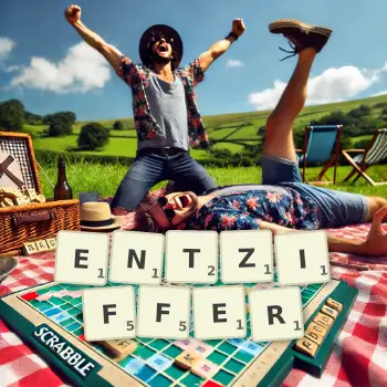 Kreative Illustration für ein Scrabble-Spiel, bei dem das Wort ENTZIFFER mit Steinen auf dem Brett gelegt wurde.
