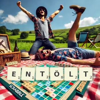 Kreative Illustration für ein Scrabble-Spiel, bei dem das Wort ENTÖLT mit Steinen auf dem Brett gelegt wurde.