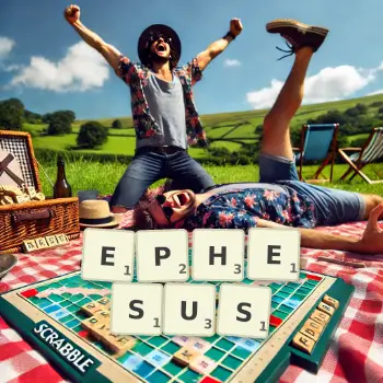 Kreative Illustration für ein Scrabble-Spiel, bei dem das Wort EPHESUS mit Steinen auf dem Brett gelegt wurde.