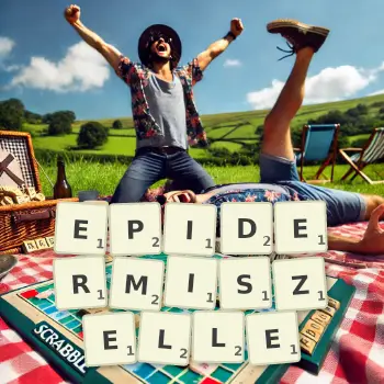 Kreative Illustration für ein Scrabble-Spiel, bei dem das Wort EPIDERMISZELLE mit Steinen auf dem Brett gelegt wurde.