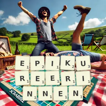 Kreative Illustration für ein Scrabble-Spiel, bei dem das Wort EPIKUREERINNEN mit Steinen auf dem Brett gelegt wurde.