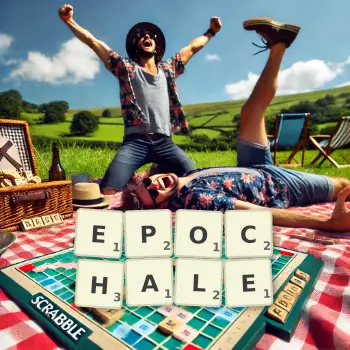 Kreative Illustration für ein Scrabble-Spiel, bei dem das Wort EPOCHALE mit Steinen auf dem Brett gelegt wurde.