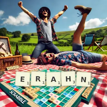Kreative Illustration für ein Scrabble-Spiel, bei dem das Wort ERAHN mit Steinen auf dem Brett gelegt wurde.