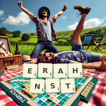 Kreative Illustration für ein Scrabble-Spiel, bei dem das Wort ERAHNST mit Steinen auf dem Brett gelegt wurde.