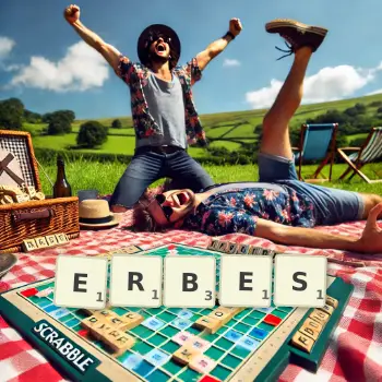 Kreative Illustration für ein Scrabble-Spiel, bei dem das Wort ERBES mit Steinen auf dem Brett gelegt wurde.