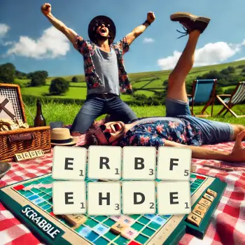 Kreative Illustration für ein Scrabble-Spiel, bei dem das Wort ERBFEHDE mit Steinen auf dem Brett gelegt wurde.