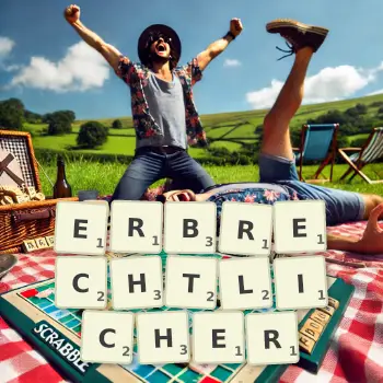 Kreative Illustration für ein Scrabble-Spiel, bei dem das Wort ERBRECHTLICHER mit Steinen auf dem Brett gelegt wurde.