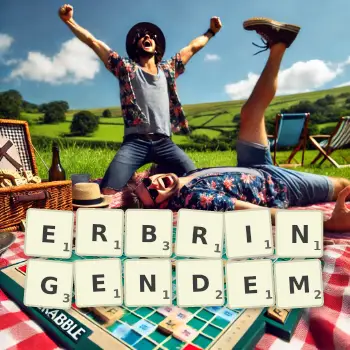 Kreative Illustration für ein Scrabble-Spiel, bei dem das Wort ERBRINGENDEM mit Steinen auf dem Brett gelegt wurde.