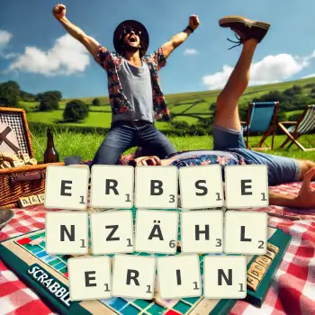 Kreative Illustration für ein Scrabble-Spiel, bei dem das Wort ERBSENZÄHLERIN mit Steinen auf dem Brett gelegt wurde.
