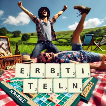 Kreative Illustration für ein Scrabble-Spiel, bei dem das Wort ERBTITELN mit Steinen auf dem Brett gelegt wurde.