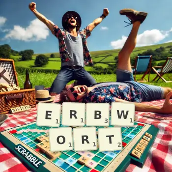 Kreative Illustration für ein Scrabble-Spiel, bei dem das Wort ERBWORT mit Steinen auf dem Brett gelegt wurde.