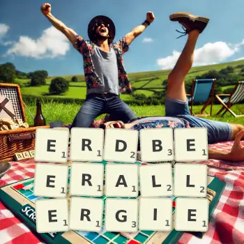 Kreative Illustration für ein Scrabble-Spiel, bei dem das Wort ERDBEERALLERGIE mit Steinen auf dem Brett gelegt wurde.
