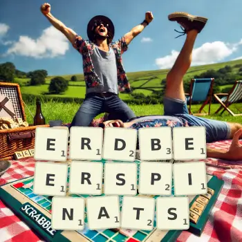 Kreative Illustration für ein Scrabble-Spiel, bei dem das Wort ERDBEERSPINATS mit Steinen auf dem Brett gelegt wurde.