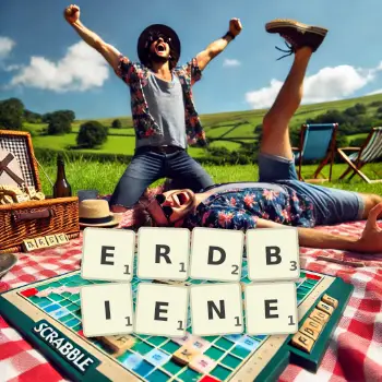 Kreative Illustration für ein Scrabble-Spiel, bei dem das Wort ERDBIENE mit Steinen auf dem Brett gelegt wurde.