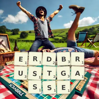 Kreative Illustration für ein Scrabble-Spiel, bei dem das Wort ERDBRUSTGASSE mit Steinen auf dem Brett gelegt wurde.