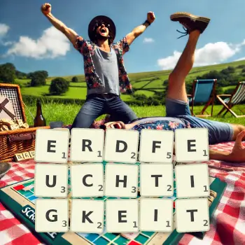 Kreative Illustration für ein Scrabble-Spiel, bei dem das Wort ERDFEUCHTIGKEIT mit Steinen auf dem Brett gelegt wurde.