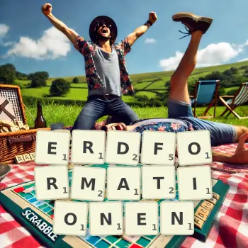 Kreative Illustration für ein Scrabble-Spiel, bei dem das Wort ERDFORMATIONEN mit Steinen auf dem Brett gelegt wurde.