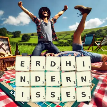 Kreative Illustration für ein Scrabble-Spiel, bei dem das Wort ERDHINDERNISSES mit Steinen auf dem Brett gelegt wurde.