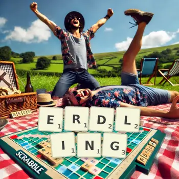 Kreative Illustration für ein Scrabble-Spiel, bei dem das Wort ERDLING mit Steinen auf dem Brett gelegt wurde.