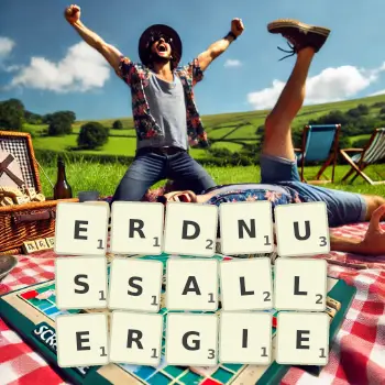 Kreative Illustration für ein Scrabble-Spiel, bei dem das Wort ERDNUSSALLERGIE mit Steinen auf dem Brett gelegt wurde.