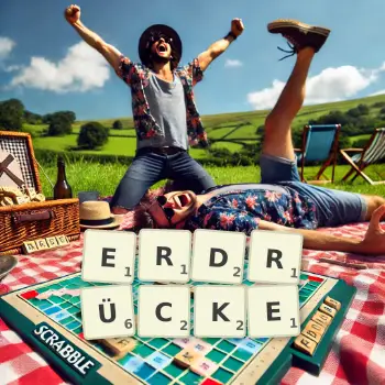 Kreative Illustration für ein Scrabble-Spiel, bei dem das Wort ERDRÜCKE mit Steinen auf dem Brett gelegt wurde.