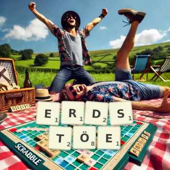 Kreative Illustration für ein Scrabble-Spiel, bei dem das Wort ERDSTÖE mit Steinen auf dem Brett gelegt wurde.