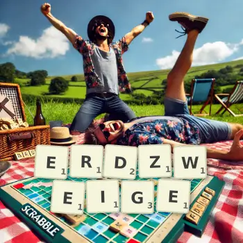 Kreative Illustration für ein Scrabble-Spiel, bei dem das Wort ERDZWEIGE mit Steinen auf dem Brett gelegt wurde.