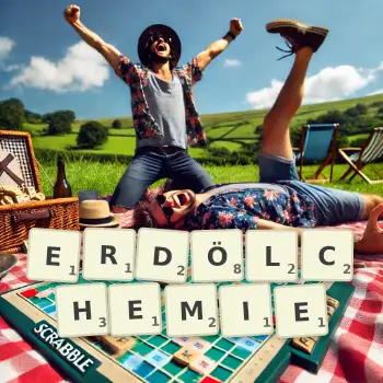 Kreative Illustration für ein Scrabble-Spiel, bei dem das Wort ERDÖLCHEMIE mit Steinen auf dem Brett gelegt wurde.
