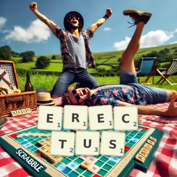 Kreative Illustration für ein Scrabble-Spiel, bei dem das Wort ERECTUS mit Steinen auf dem Brett gelegt wurde.
