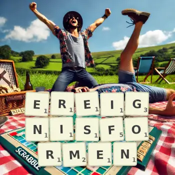Kreative Illustration für ein Scrabble-Spiel, bei dem das Wort EREIGNISFORMEN mit Steinen auf dem Brett gelegt wurde.