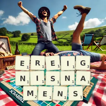 Kreative Illustration für ein Scrabble-Spiel, bei dem das Wort EREIGNISNAMENS mit Steinen auf dem Brett gelegt wurde.