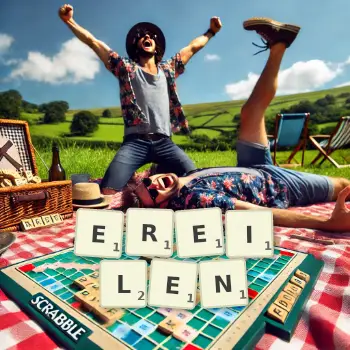 Kreative Illustration für ein Scrabble-Spiel, bei dem das Wort EREILEN mit Steinen auf dem Brett gelegt wurde.