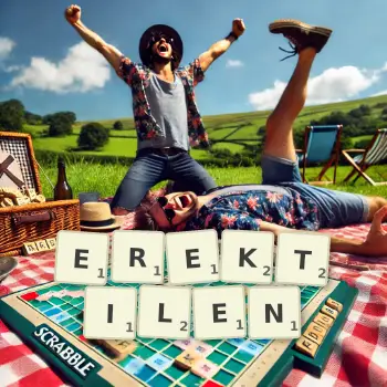 Kreative Illustration für ein Scrabble-Spiel, bei dem das Wort EREKTILEN mit Steinen auf dem Brett gelegt wurde.