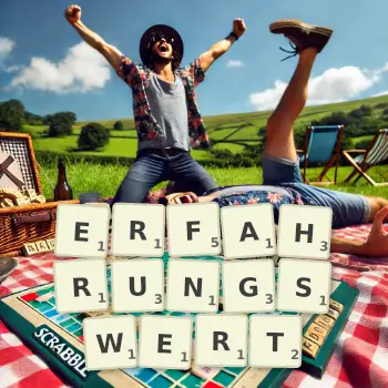 Kreative Illustration für ein Scrabble-Spiel, bei dem das Wort ERFAHRUNGSWERT mit Steinen auf dem Brett gelegt wurde.