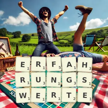 Kreative Illustration für ein Scrabble-Spiel, bei dem das Wort ERFAHRUNGSWERTE mit Steinen auf dem Brett gelegt wurde.