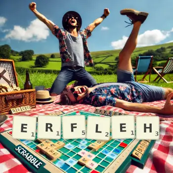 Kreative Illustration für ein Scrabble-Spiel, bei dem das Wort ERFLEH mit Steinen auf dem Brett gelegt wurde.