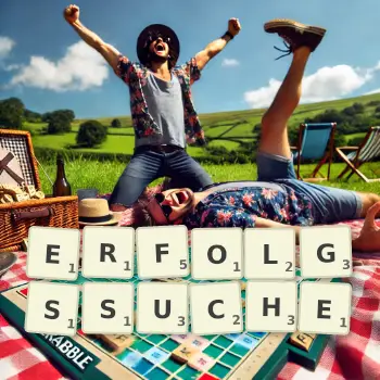 Kreative Illustration für ein Scrabble-Spiel, bei dem das Wort ERFOLGSSUCHE mit Steinen auf dem Brett gelegt wurde.