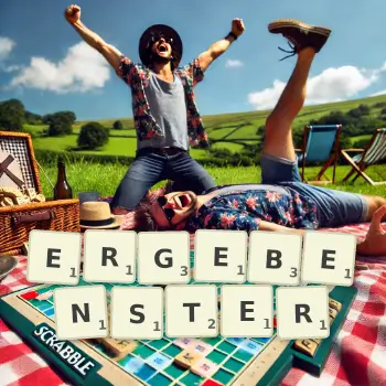 Kreative Illustration für ein Scrabble-Spiel, bei dem das Wort ERGEBENSTER mit Steinen auf dem Brett gelegt wurde.