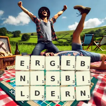 Kreative Illustration für ein Scrabble-Spiel, bei dem das Wort ERGEBNISBILDERN mit Steinen auf dem Brett gelegt wurde.