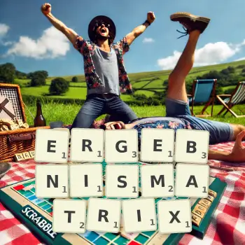 Kreative Illustration für ein Scrabble-Spiel, bei dem das Wort ERGEBNISMATRIX mit Steinen auf dem Brett gelegt wurde.