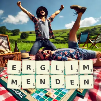 Kreative Illustration für ein Scrabble-Spiel, bei dem das Wort ERGLIMMENDEN mit Steinen auf dem Brett gelegt wurde.