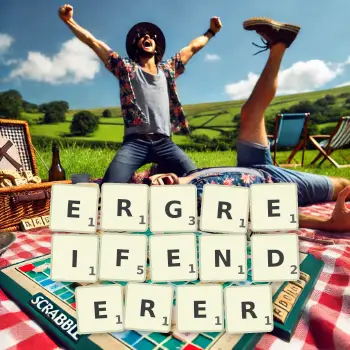 Kreative Illustration für ein Scrabble-Spiel, bei dem das Wort ERGREIFENDERER mit Steinen auf dem Brett gelegt wurde.