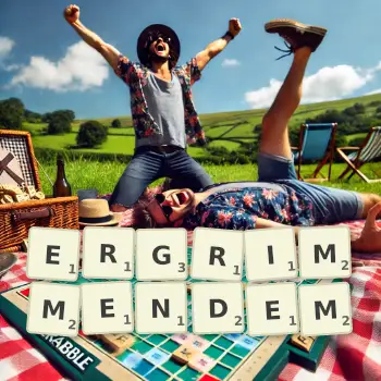 Kreative Illustration für ein Scrabble-Spiel, bei dem das Wort ERGRIMMENDEM mit Steinen auf dem Brett gelegt wurde.