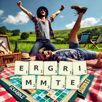 Kreative Illustration für ein Scrabble-Spiel, bei dem das Wort ERGRIMMTE mit Steinen auf dem Brett gelegt wurde.