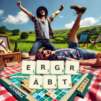 Kreative Illustration für ein Scrabble-Spiel, bei dem das Wort ERGRÄBT mit Steinen auf dem Brett gelegt wurde.