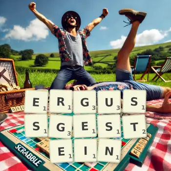 Kreative Illustration für ein Scrabble-Spiel, bei dem das Wort ERGUSSGESTEIN mit Steinen auf dem Brett gelegt wurde.