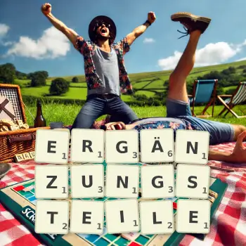 Kreative Illustration für ein Scrabble-Spiel, bei dem das Wort ERGÄNZUNGSTEILE mit Steinen auf dem Brett gelegt wurde.