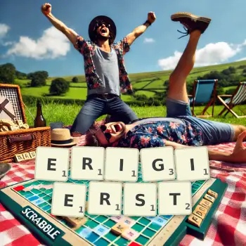 Kreative Illustration für ein Scrabble-Spiel, bei dem das Wort ERIGIERST mit Steinen auf dem Brett gelegt wurde.