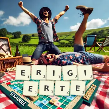 Kreative Illustration für ein Scrabble-Spiel, bei dem das Wort ERIGIERTE mit Steinen auf dem Brett gelegt wurde.