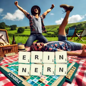 Kreative Illustration für ein Scrabble-Spiel, bei dem das Wort ERINNERN mit Steinen auf dem Brett gelegt wurde.